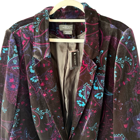 Michel Studio Black and Blue Paisley Velvet Blazer Size 26 Holiday Party Evening - Picture 8 of 12